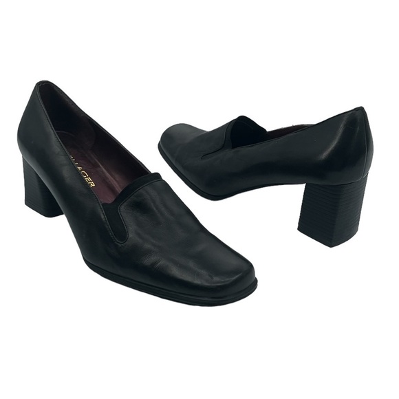Villager By Liz Claiborne Black Leather Square Toe Block Heels Size 9 Women's - Picture 1 of 9